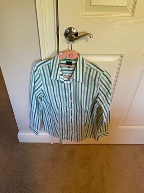 Talbots Green and White Vertical Stripe Button-Down Shirt